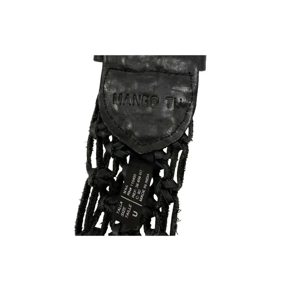 Mango MNG Braided Black Leather Statement Belt Silver Buckle Wide Woven